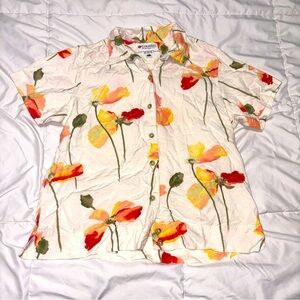 Vtg Columbia Floral Print Button Up Shirt Womens Large Linen Blend Vintage